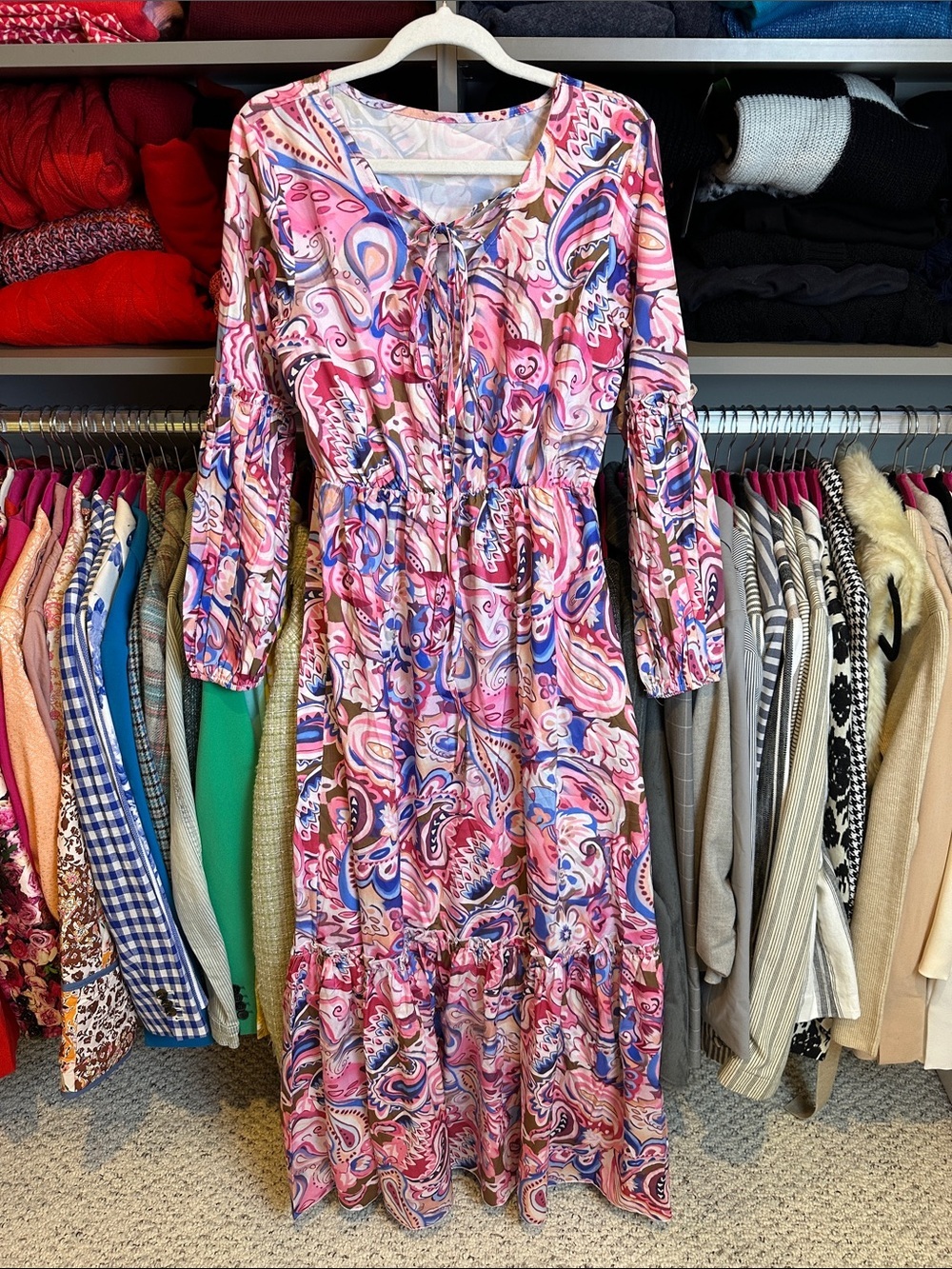 Unbranded pink/blue print long sleeve elastic waistband maxi dress size S